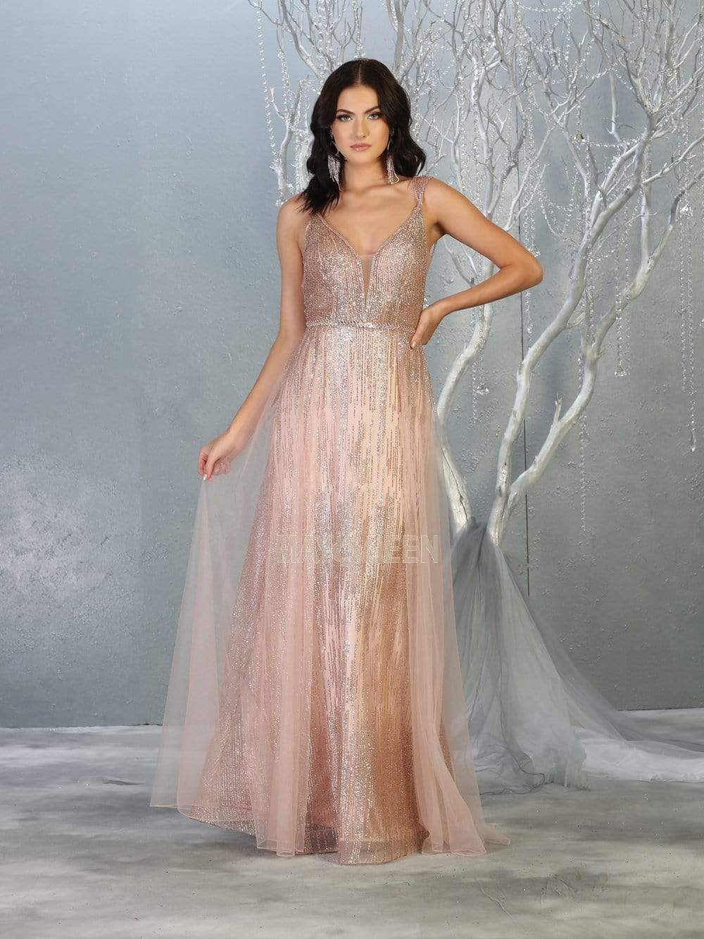 May Queen - MQ1735 Embellished Deep V-neck A-line Dress Prom Dresses 4 / Rosegold