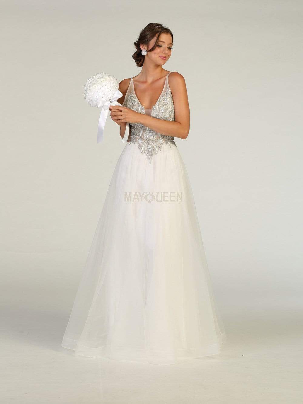 May Queen - MQ1737 Long Beaded V-Neck Bodice Tulle Dress Prom Dresses