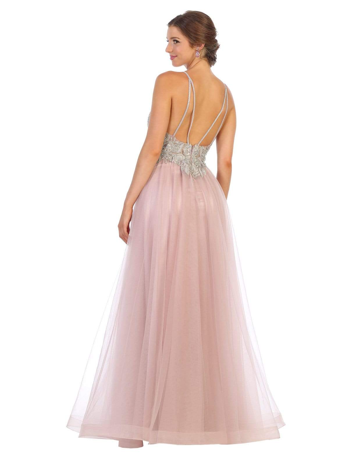 May Queen - MQ1737 Long Beaded V-Neck Bodice Tulle Dress Prom Dresses