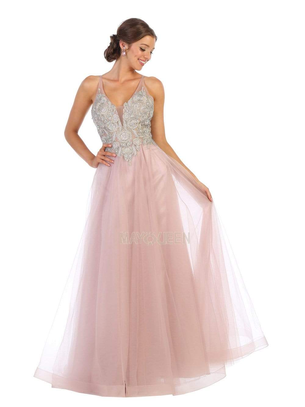 May Queen - MQ1737 Long Beaded V-Neck Bodice Tulle Dress Prom Dresses 4 / Mauve