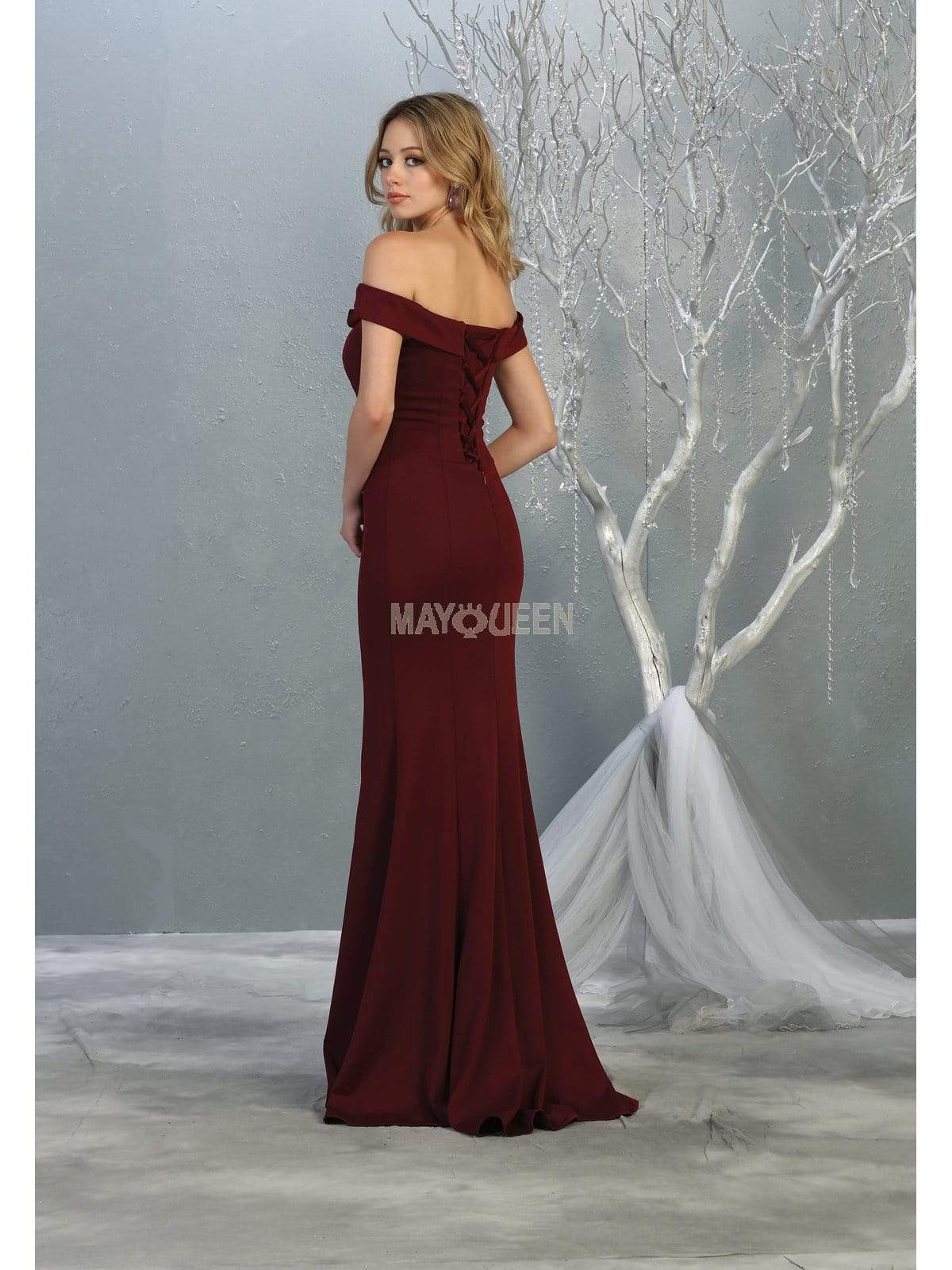 May Queen - MQ1739 Off-Shoulder Trumpet Dress With Lace Up Back Evening Dresses