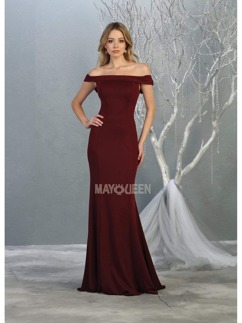 May Queen - MQ1739 Off-Shoulder Trumpet Dress With Lace Up Back Evening Dresses 4 / Burgundy