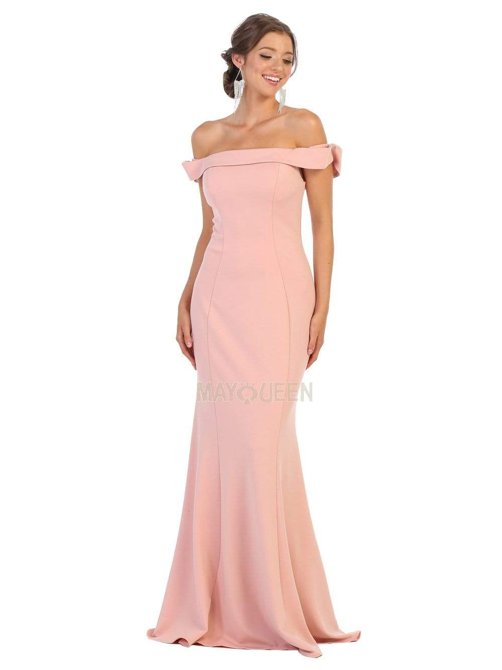 May Queen - MQ1739 Off-Shoulder Trumpet Dress With Lace Up Back Evening Dresses 4 / Dusty-Rose