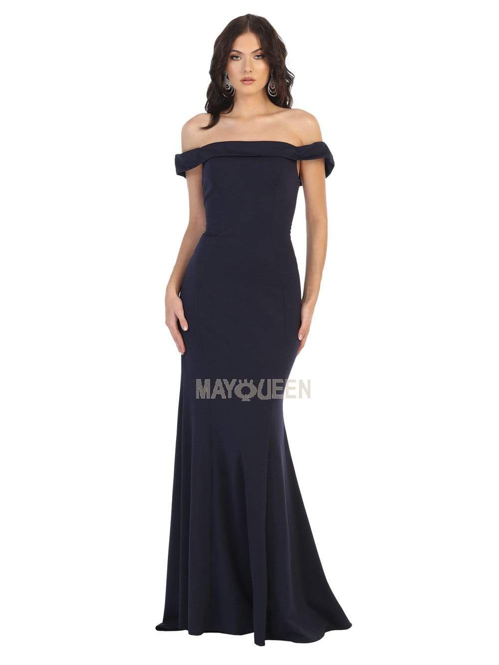 May Queen - MQ1739 Off-Shoulder Trumpet Dress With Lace Up Back Evening Dresses 4 / Navy