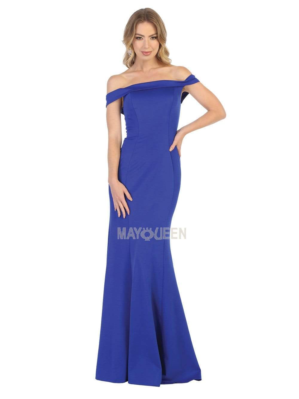 May Queen - MQ1739 Off-Shoulder Trumpet Dress With Lace Up Back Evening Dresses 4 / Royal
