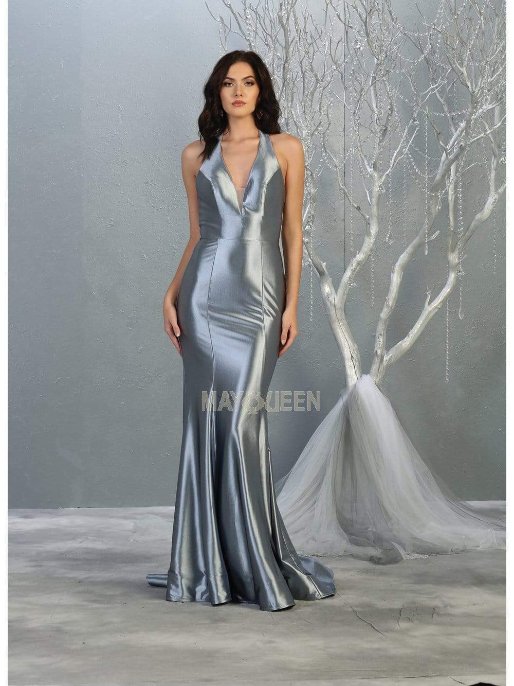 May Queen - MQ1740 Deep Halter V-neck Trumpet Dress Prom Dresses 4 / Dusty-Blue