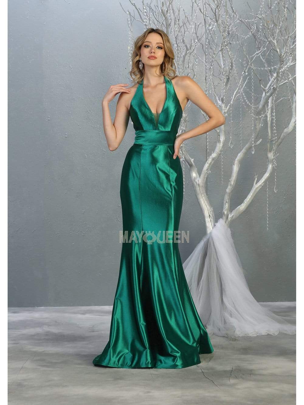 May Queen - MQ1740 Deep Halter V-neck Trumpet Dress Prom Dresses 4 / Emerald Gr