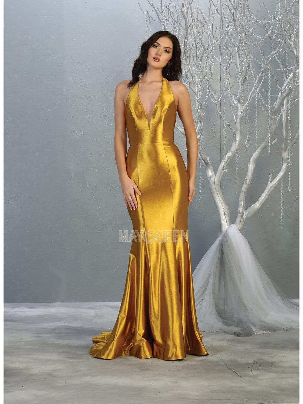 May Queen - MQ1740 Deep Halter V-neck Trumpet Dress Prom Dresses 4 / Metalic/Gold