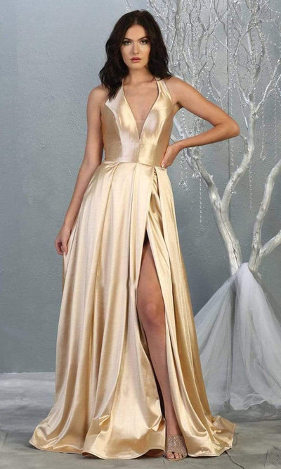 May Queen - MQ1741 Deep V-neck Pleated A-line Dress Prom Dresses 4 / Champagne