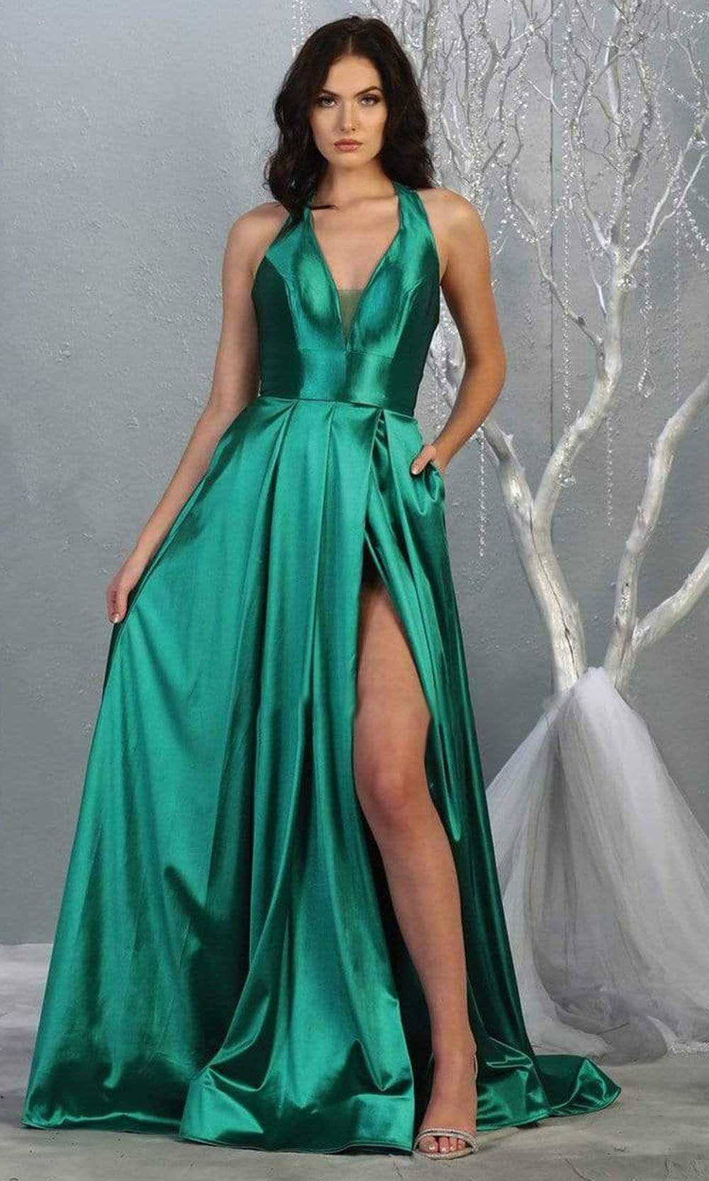 May Queen - MQ1741 Deep V-neck Pleated A-line Dress Prom Dresses 4 / Emerald Gr