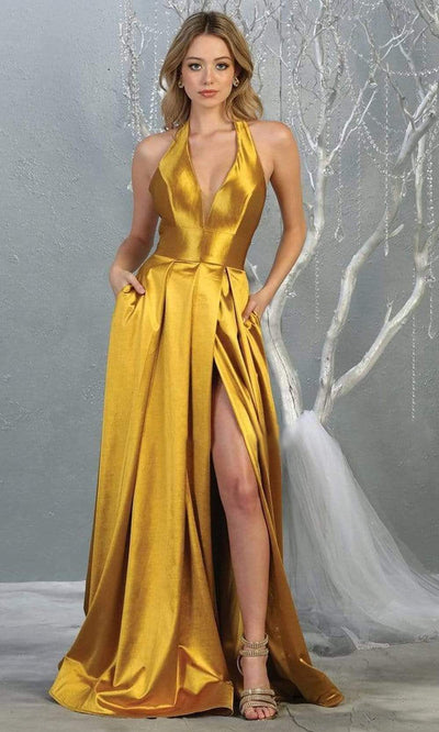 May Queen - MQ1741 Deep V-neck Pleated A-line Dress Prom Dresses 4 / Metalic/Gold