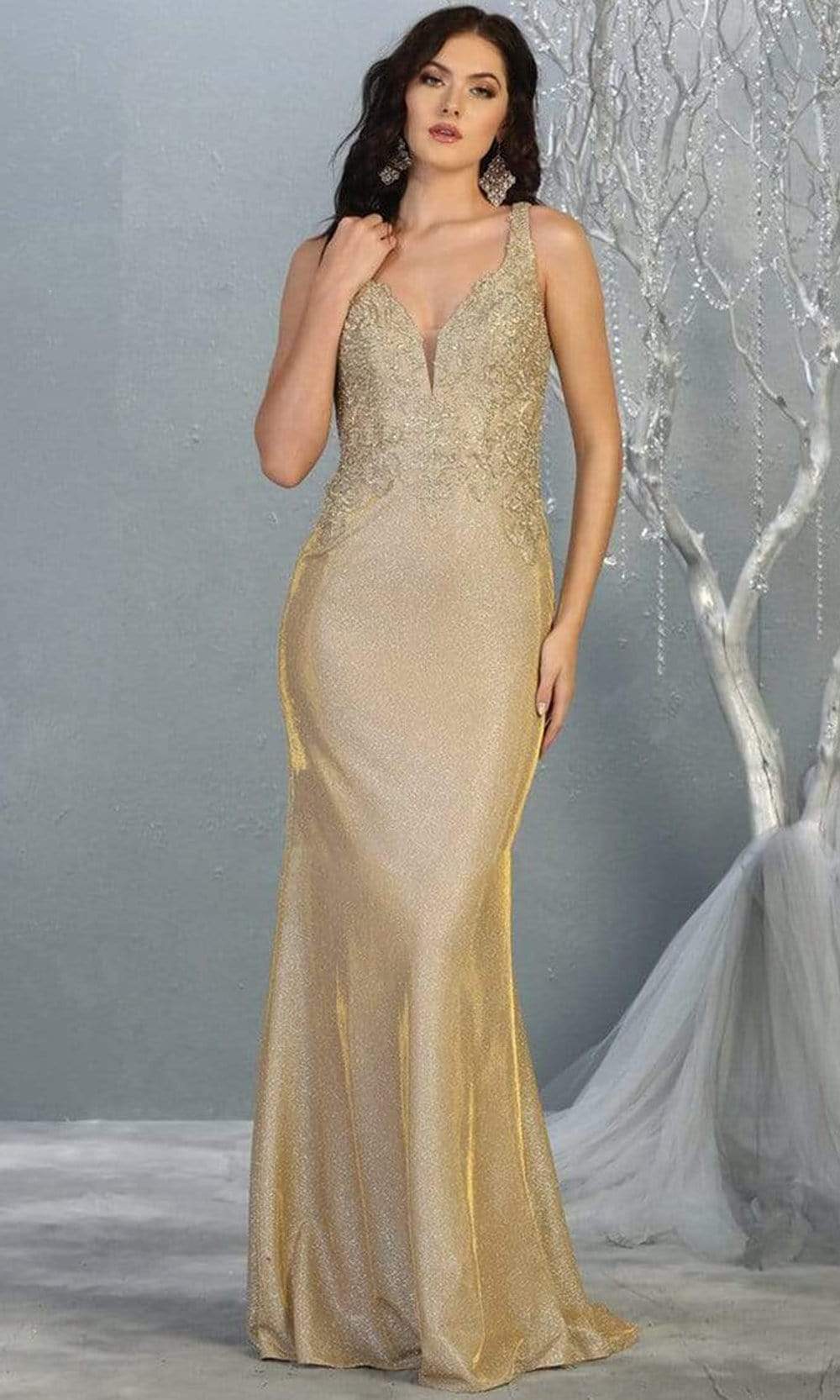 May Queen - MQ1744 Embellished Deep V-neck Trumpet Dress Prom Dresses 4 / Gold