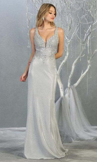 May Queen - MQ1744 Embellished Deep V-neck Trumpet Dress Prom Dresses 4 / Silver