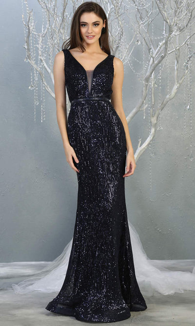 May Queen - Sheer Plunging V-Neck Sheath Evening Dress MQ1745SC In Blue