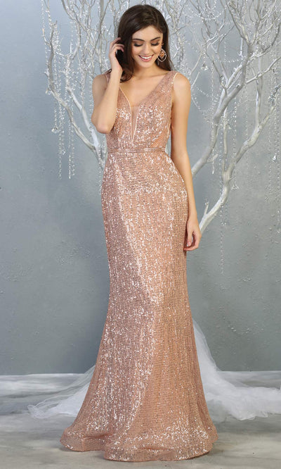 May Queen - MQ1745 Sequined Plunging V-Neck Sheath Dress Evening Dresses 4 / Rosegold