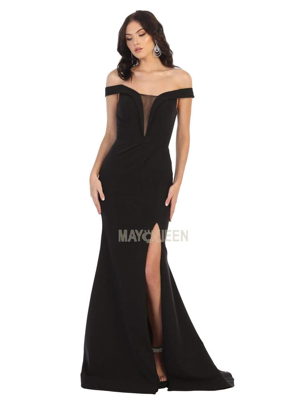 May Queen - MQ1748 Foldover Plunge Off Shoulder High Slit Dress Evening Dresses 4 / Black