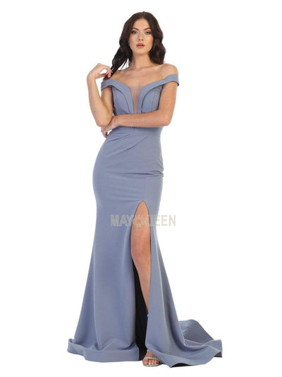 May Queen - MQ1748 Foldover Plunge Off Shoulder High Slit Dress Evening Dresses 4 / Dusty Blue
