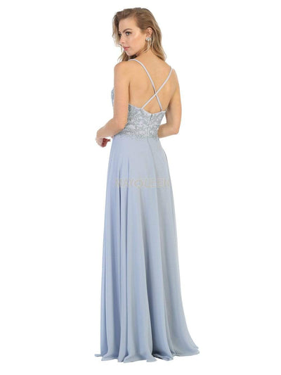 May Queen - MQ1750 Embroidered Plunging V-neck A-line Dress Prom Dresses