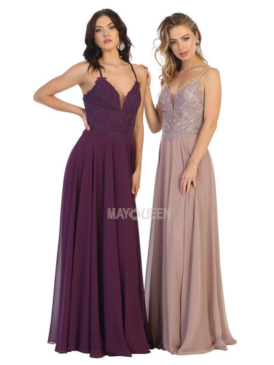 May Queen - MQ1750 Embroidered Plunging V-neck A-line Dress Prom Dresses 4 / Eggplant