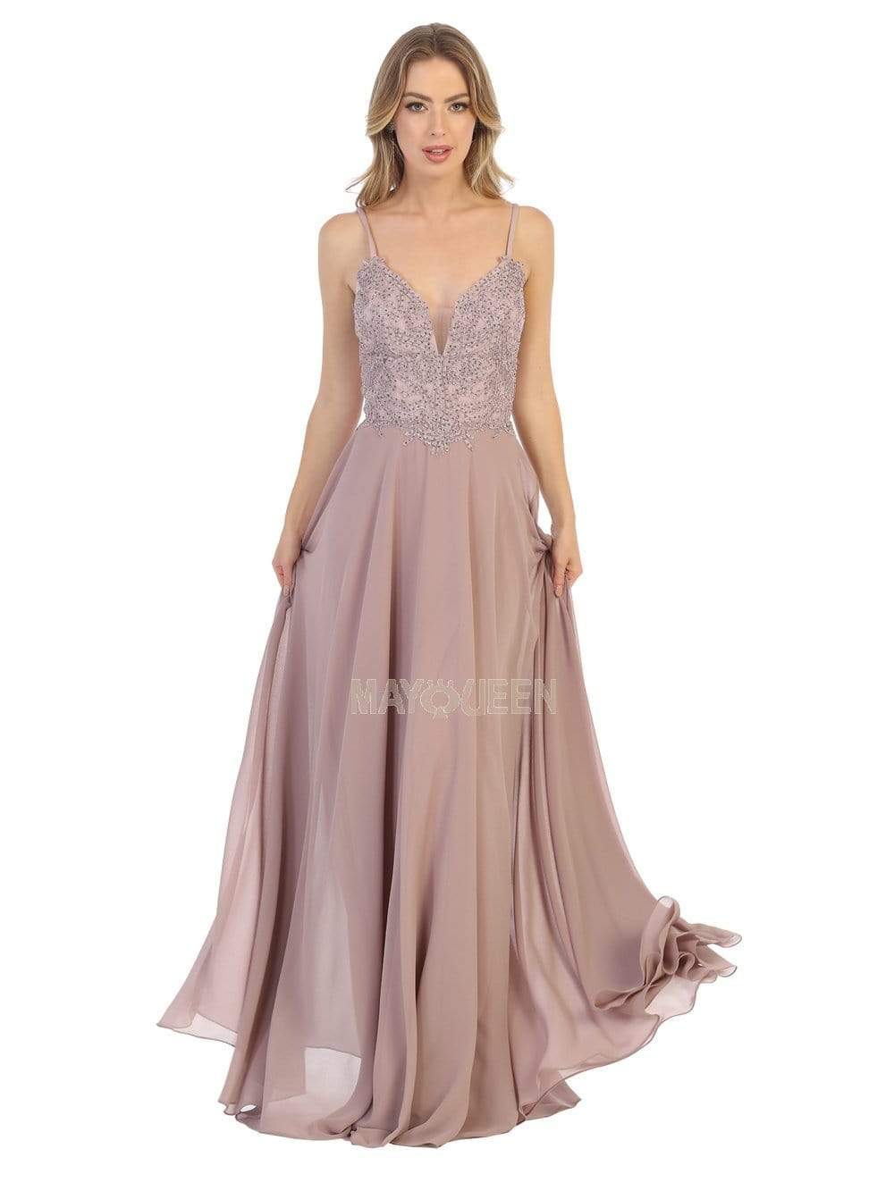 May Queen - MQ1750 Embroidered Plunging V-neck A-line Dress Prom Dresses 4 / Mauve