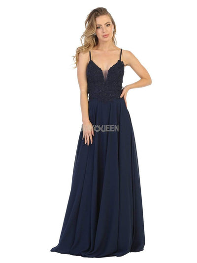 May Queen - MQ1750 Embroidered Plunging V-neck A-line Dress Prom Dresses 4 / Navy