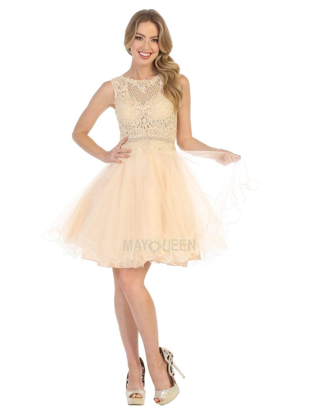 May Queen - MQ1751 Embroidered Bateau A-line Dress Homecoming Dresses 4 / Champagne