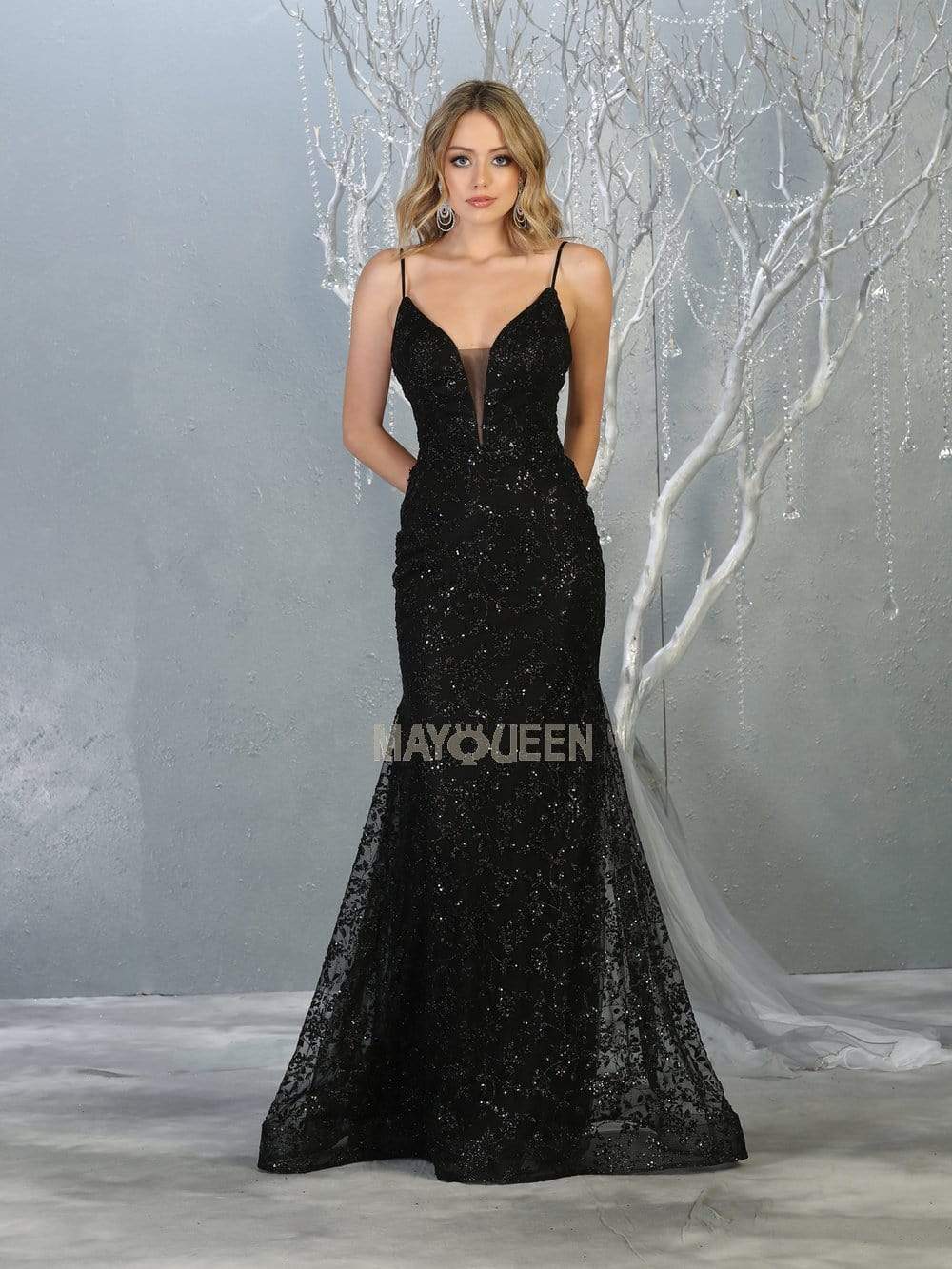 May Queen - MQ1752 Bead Embellished Plunging V-Neck Dress Prom Dresses 4 / Black