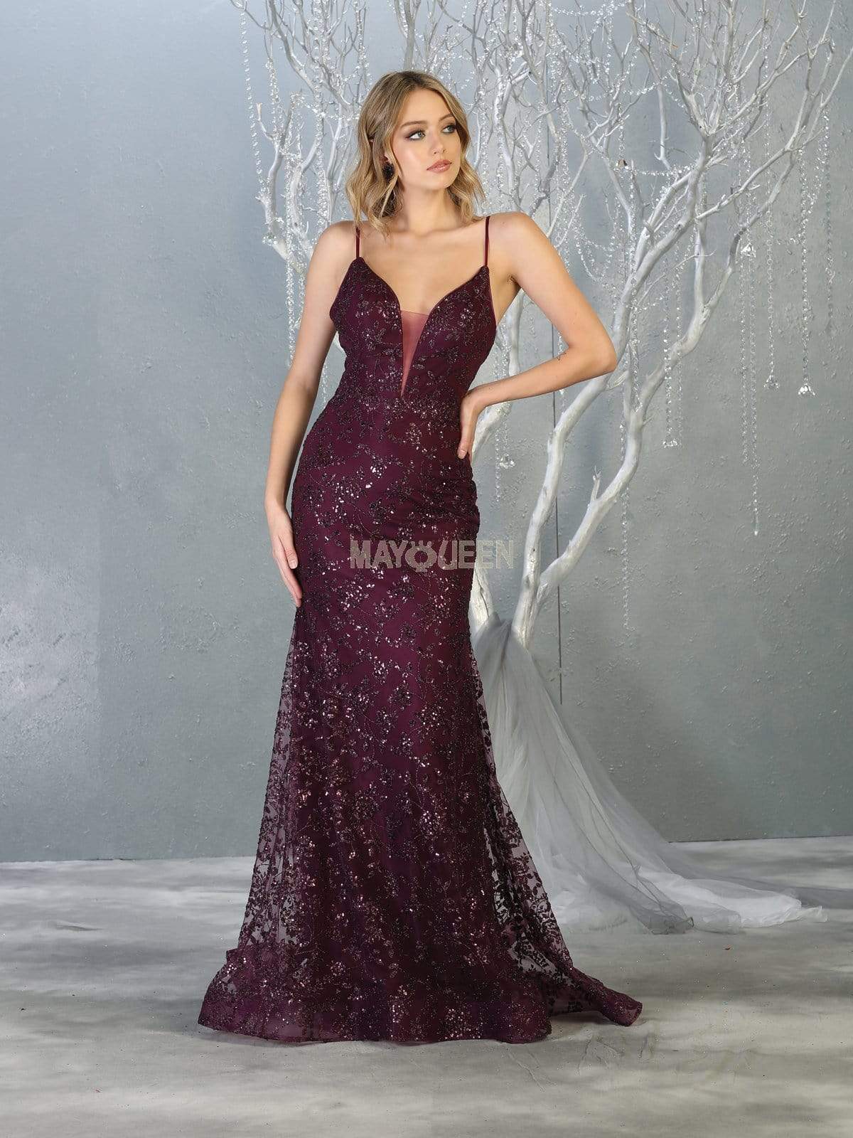 May Queen - MQ1752 Bead Embellished Plunging V-Neck Dress Prom Dresses 4 / Eggplant