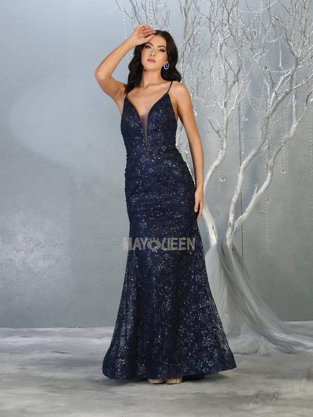 May Queen - MQ1752 Bead Embellished Plunging V-Neck Dress Prom Dresses 4 / Navy
