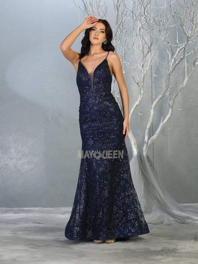 May Queen - MQ1752 Bead Embellished Plunging V-Neck Dress Prom Dresses 4 / Navy