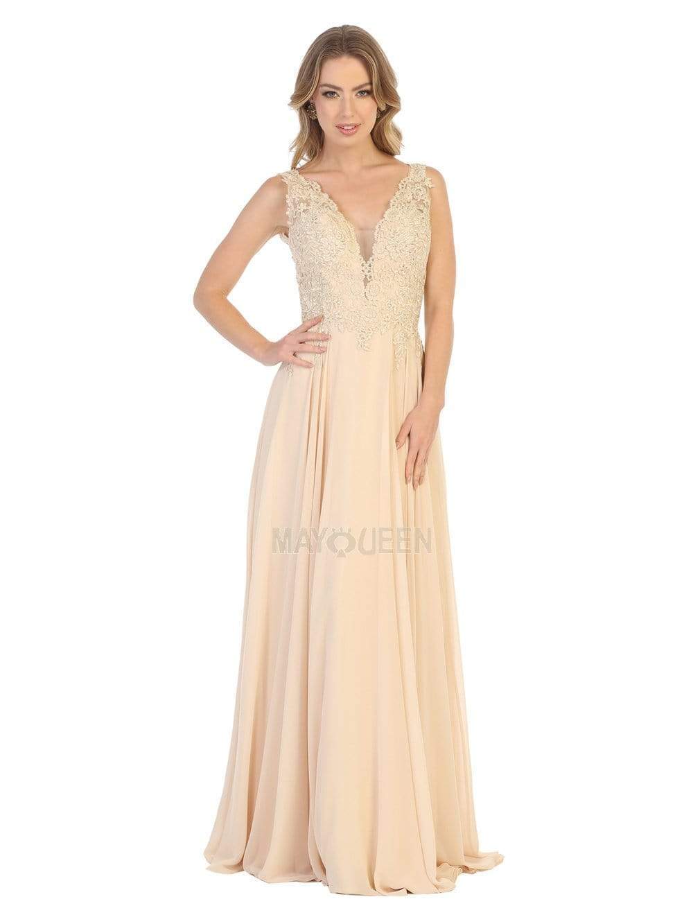 May Queen - MQ1754 Embroidered Deep V-neck A-line Dress Prom Dresses 4 / Champagne
