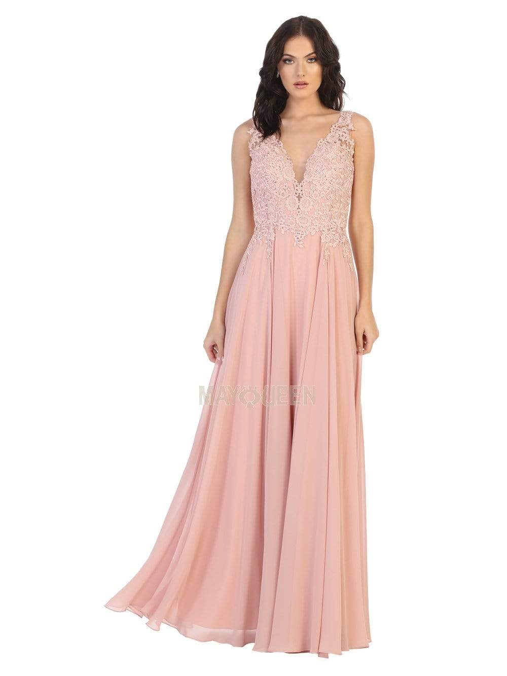 May Queen - MQ1754 Embroidered Deep V-neck A-line Dress Prom Dresses 4 / Dusty-Rose