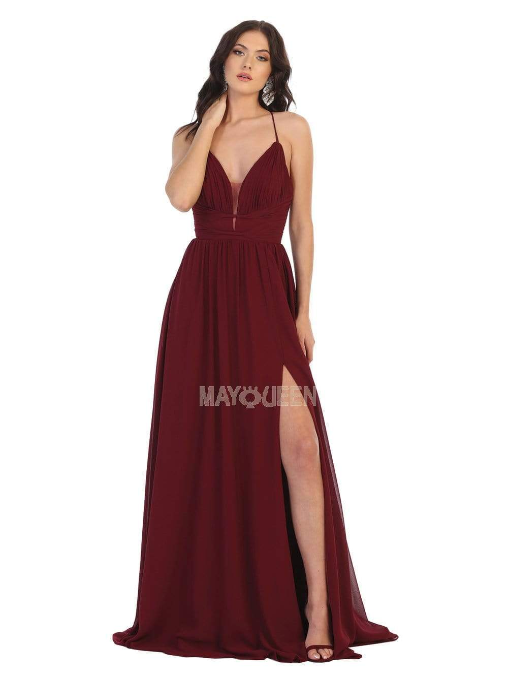 May Queen - MQ1755 Ruched Deep V-neck A-line Dress Prom Dresses 4 / Burgundy