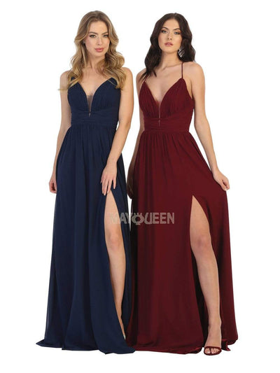 May Queen - MQ1755 Ruched Deep V-neck A-line Dress Prom Dresses 4 / Navy