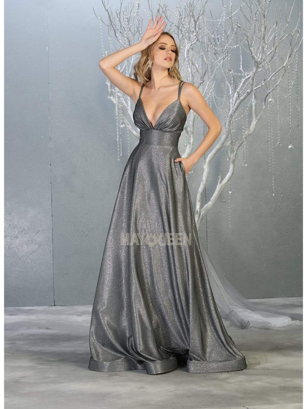 May Queen - MQ1756 Ruched Empire Glitter A-Line Dress Prom Dresses 4 / Charcoal Gray