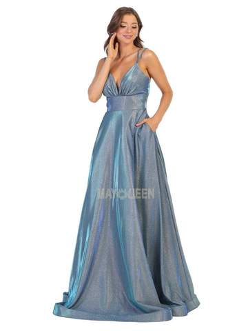 May Queen - Spaghetti Straps Plunging V-Neck Empire A-Line Evening Dress MQ1756SC In Blue