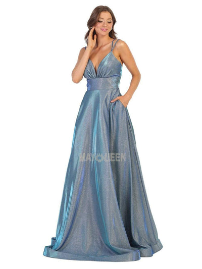 May Queen - MQ1756 Ruched Empire Glitter A-Line Dress Prom Dresses 4 / Dusty Blue