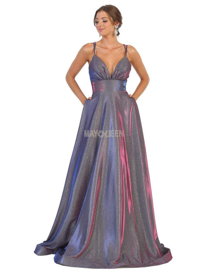 May Queen - MQ1756 Ruched Empire Glitter A-Line Dress Prom Dresses 4 / Purple/Multi