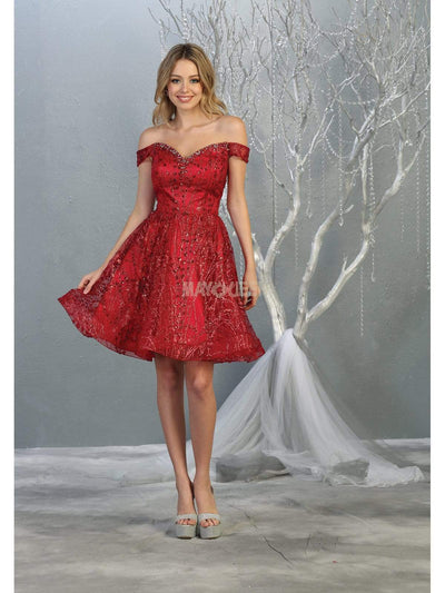May Queen - MQ1757 Glitter Embellished Off-Shoulder Cocktail Dress Homecoming Dresses