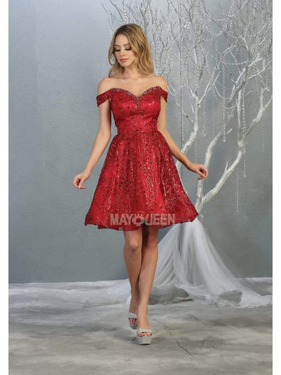 May Queen - MQ1757 Glitter Embellished Off-Shoulder Cocktail Dress Homecoming Dresses 4 / Burgundy