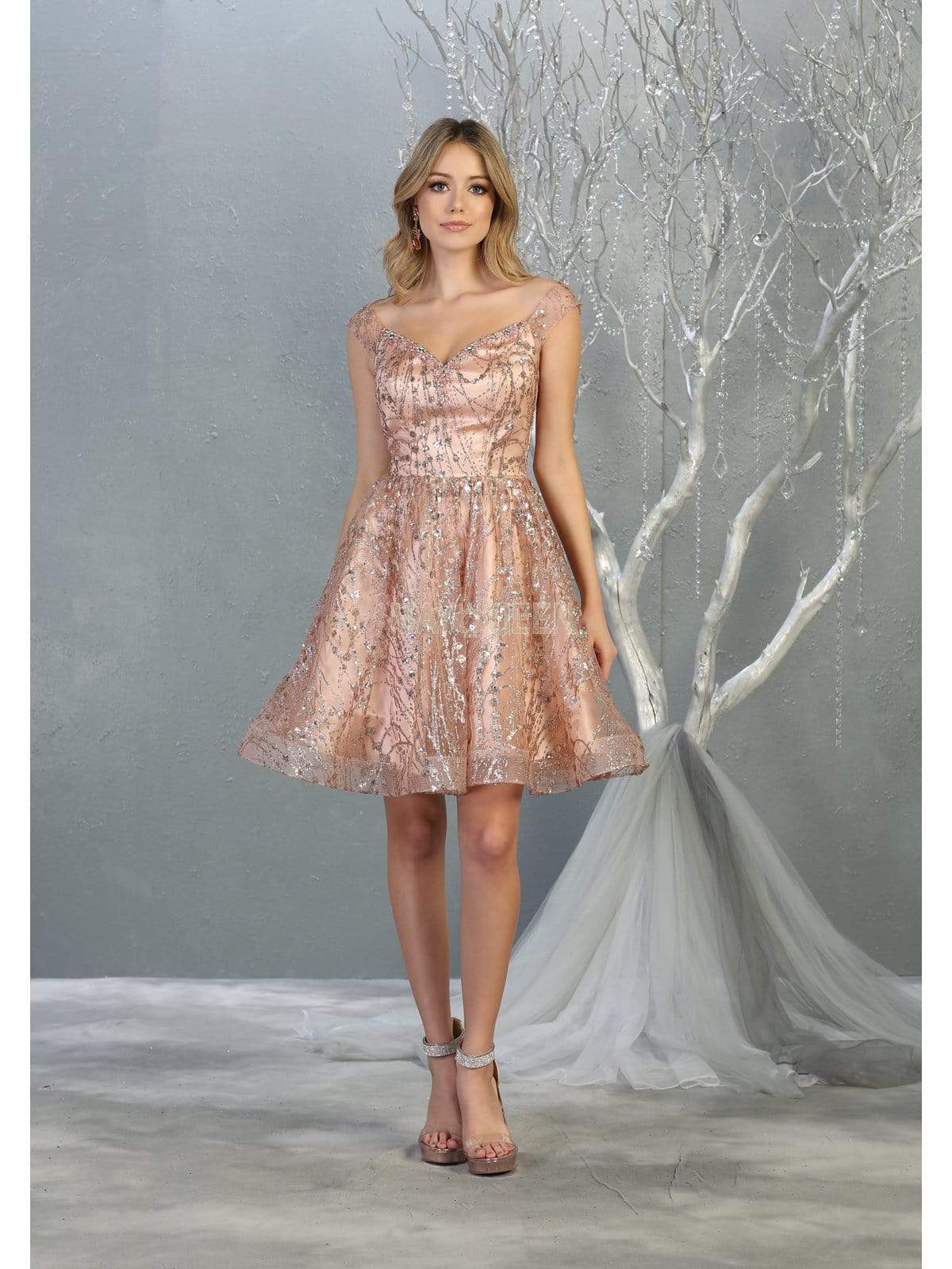 May Queen - MQ1757 Glitter Embellished Off-Shoulder Cocktail Dress Homecoming Dresses 4 / Rosegold