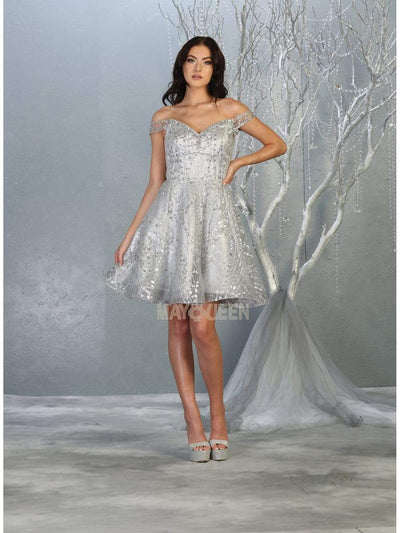 May Queen - MQ1757 Glitter Embellished Off-Shoulder Cocktail Dress Homecoming Dresses 4 / Silver