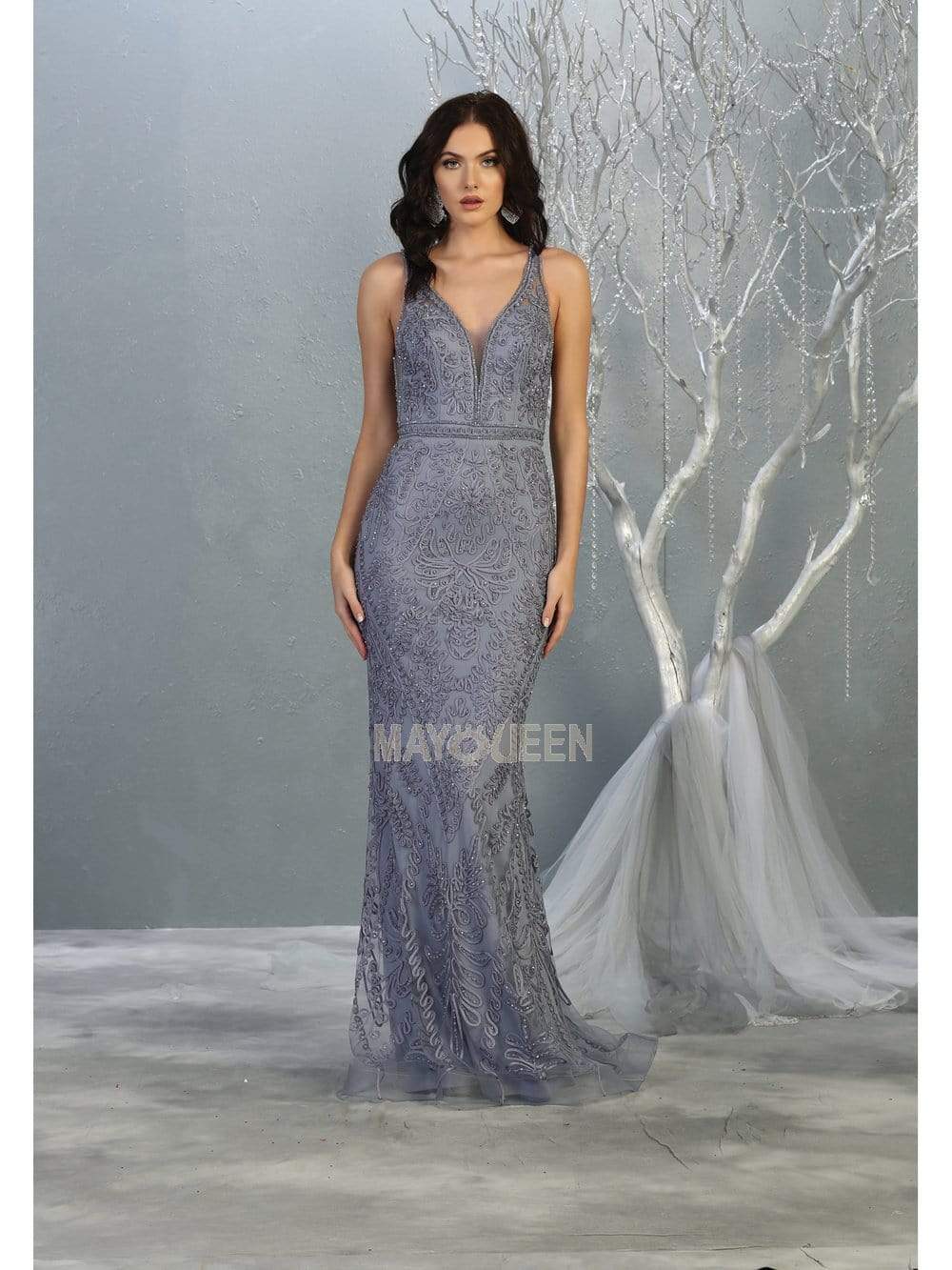May Queen - MQ1758 Beaded Soutache Plunging V-Neck Gown Evening Dresses 6 / Dusty Blue
