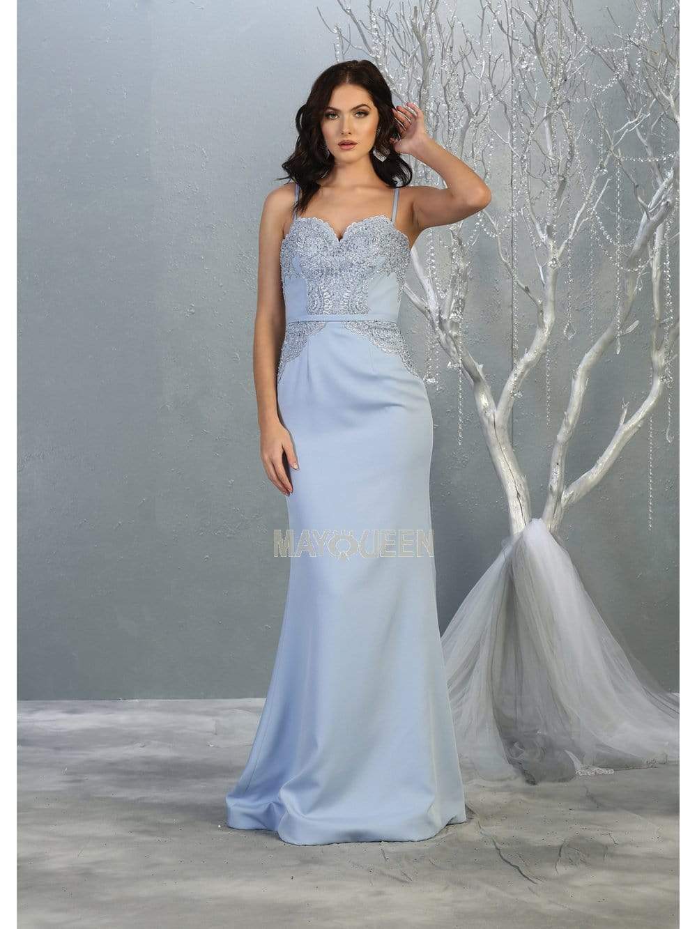 May Queen - MQ1759 Scallop Lace Appliqued Sweetheart Bodice Dress Prom Dresses 4 / Dusty Blue
