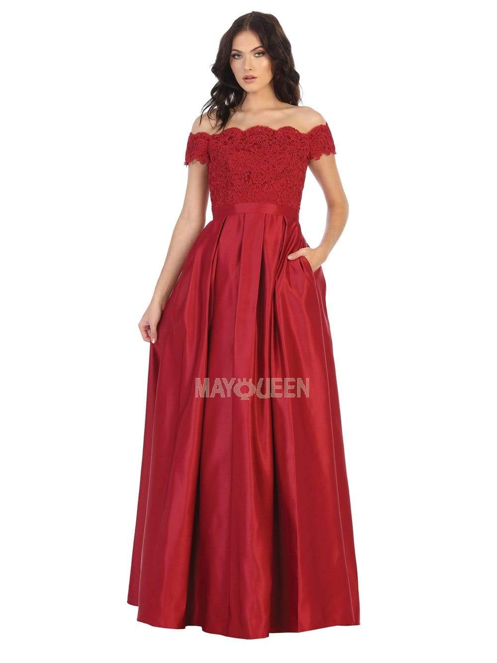 May Queen MQ1762 - Long A-Line Dress - Lace Bodice, Scalloped Trims, Mid-Open Back, Back Zipper Closure, Inseam Pockets, Tonal Waistband, Sweep Train May Queen MQ1762 - Long A-Line Dress - Lace Bodice, Scalloped Trims, Mid-Open Back, Back Zipper Closure, Inseam Pockets, Tonal Waistband, Sweep Train