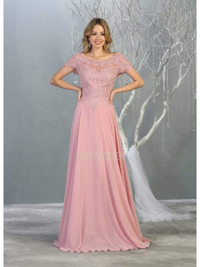 May Queen - MQ1763 Short Sleeve Jeweled Applique A-Line Dress Prom Dresses M / Dusty Rose