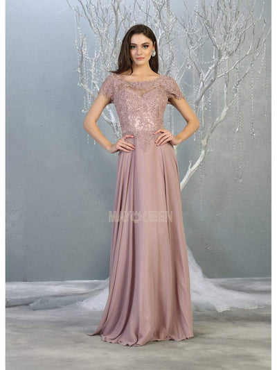 May Queen - MQ1763 Short Sleeve Jeweled Applique A-Line Dress Prom Dresses M / Mauve