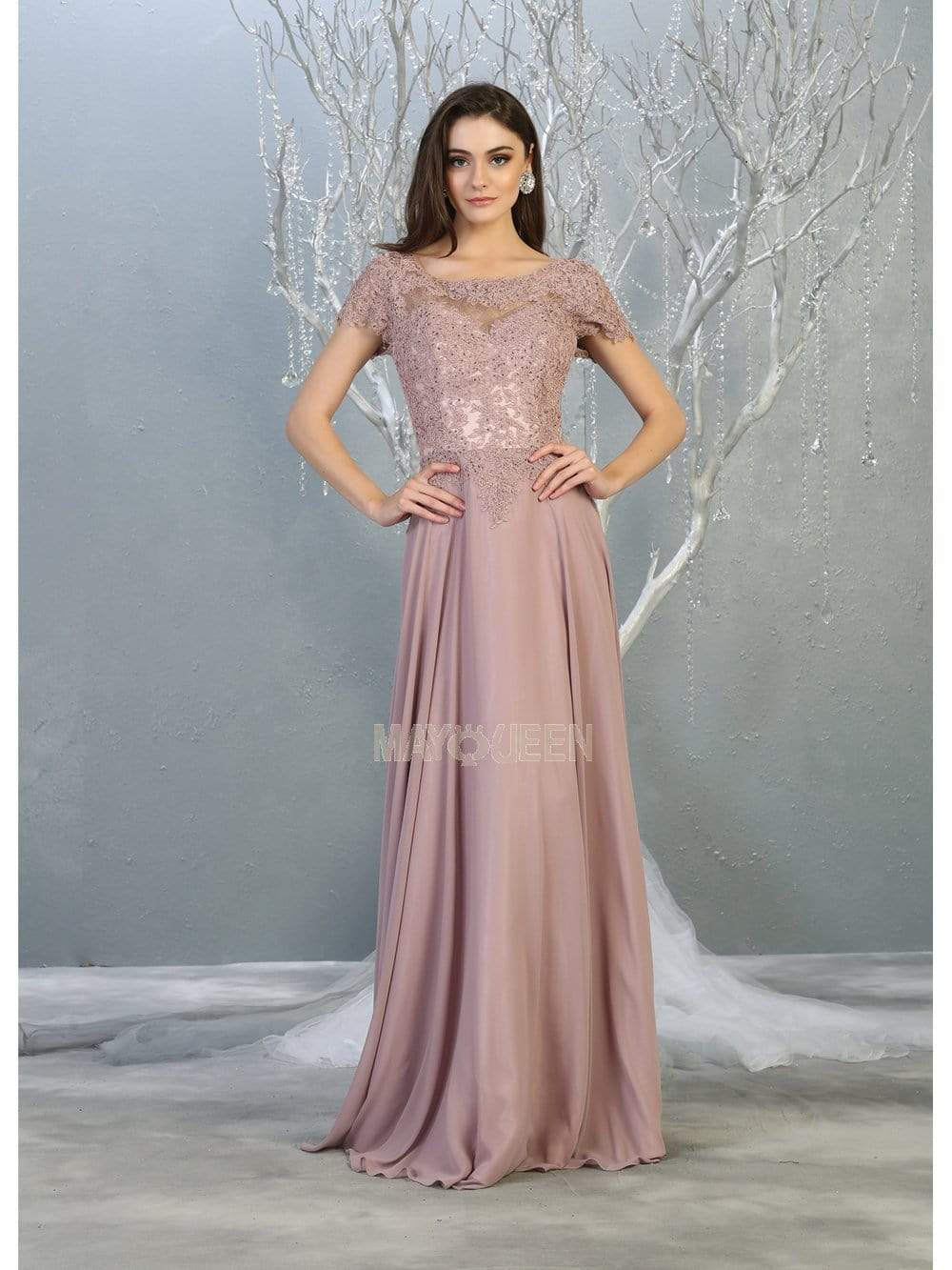 May Queen - MQ1763 Short Sleeve Jeweled Applique A-Line Dress Prom Dresses M / Mauve