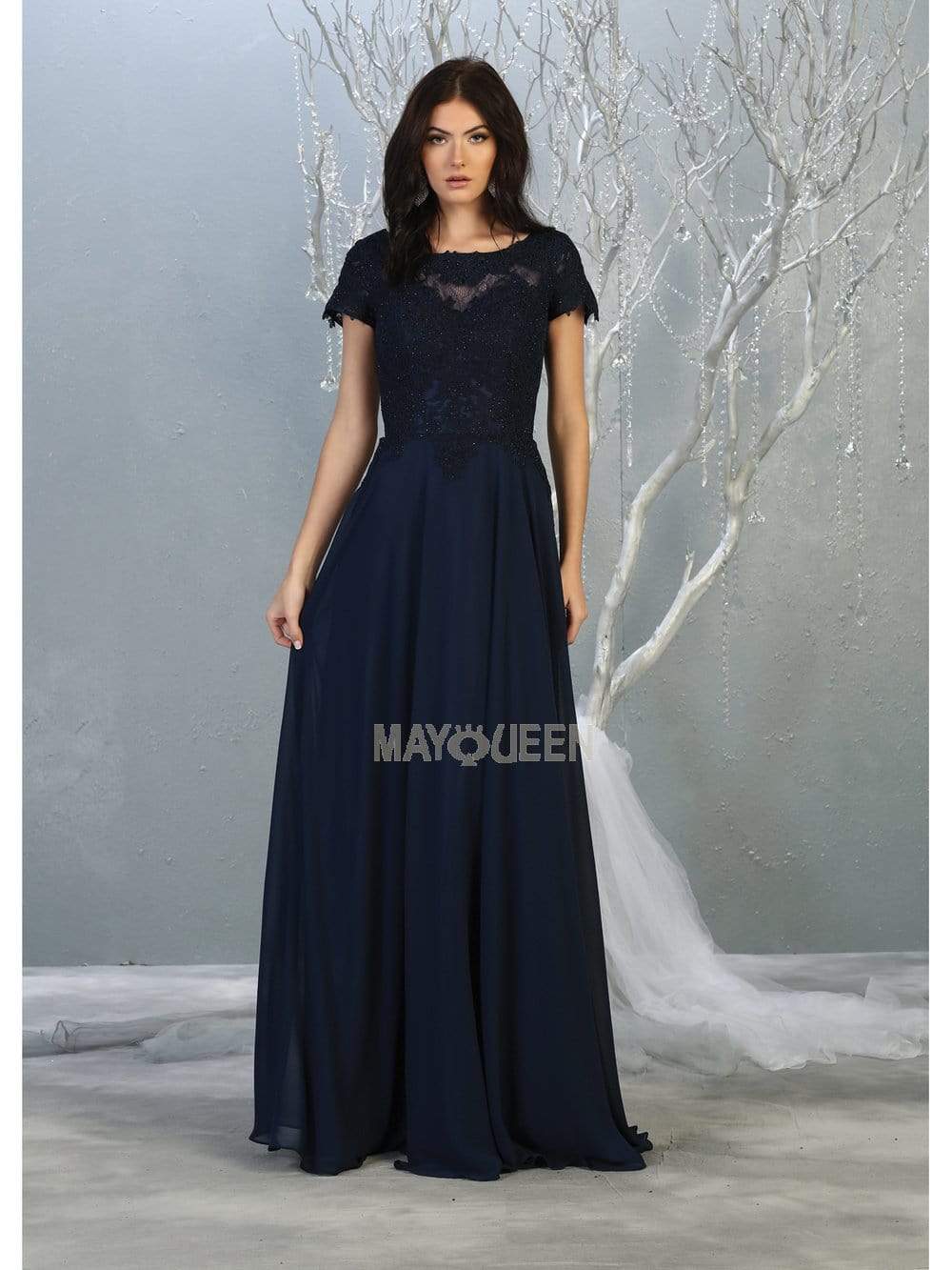 May Queen - MQ1763 Short Sleeve Jeweled Applique A-Line Dress Prom Dresses M / Navy