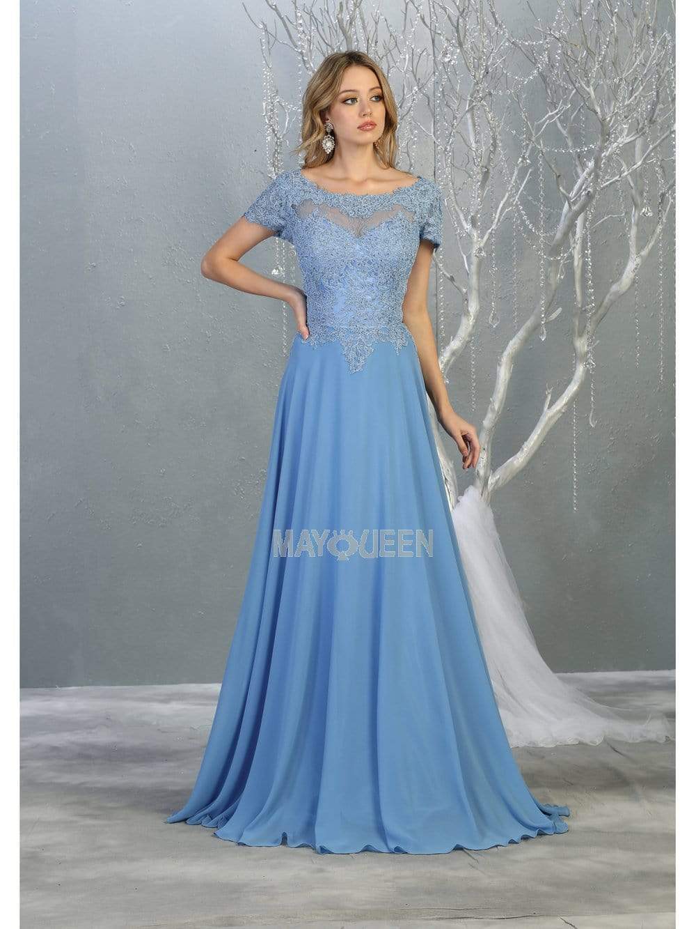 May Queen - MQ1763 Short Sleeve Jeweled Applique A-Line Dress Prom Dresses M / Perry Blue